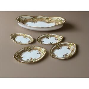 Antique Nippon HandPainted Celery Tray Nut Dishes Gold Gilded Moriage Porcelain